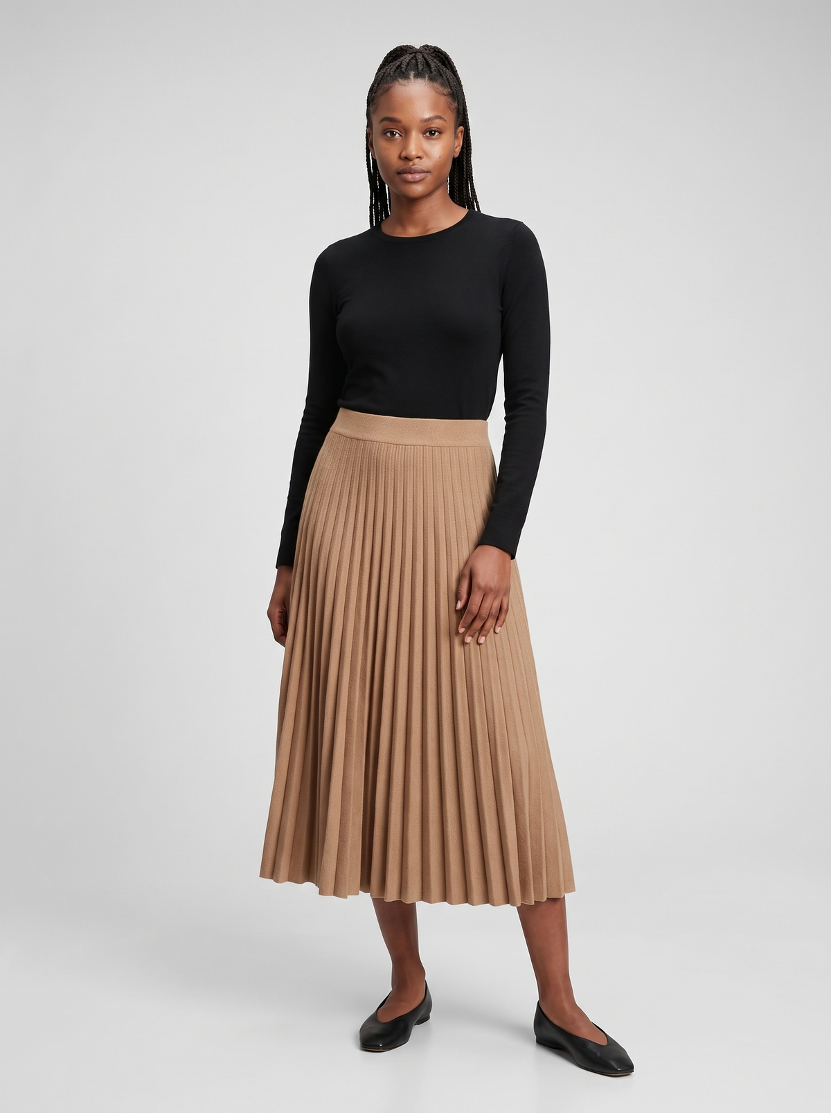 Full Pleated Knit Midi Skirt in Camel