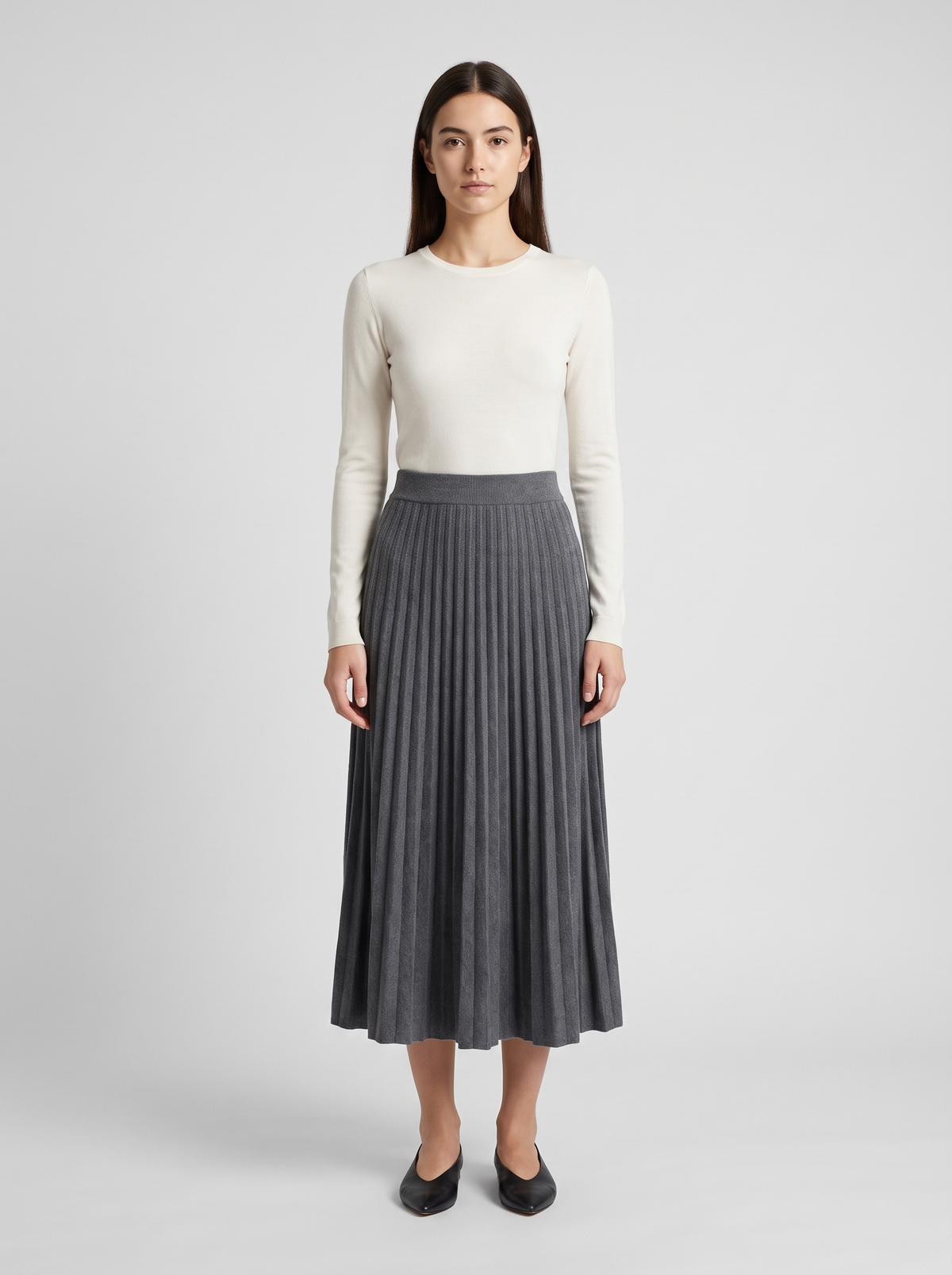 Full Pleated Knit Midi Skirt in Charcoal