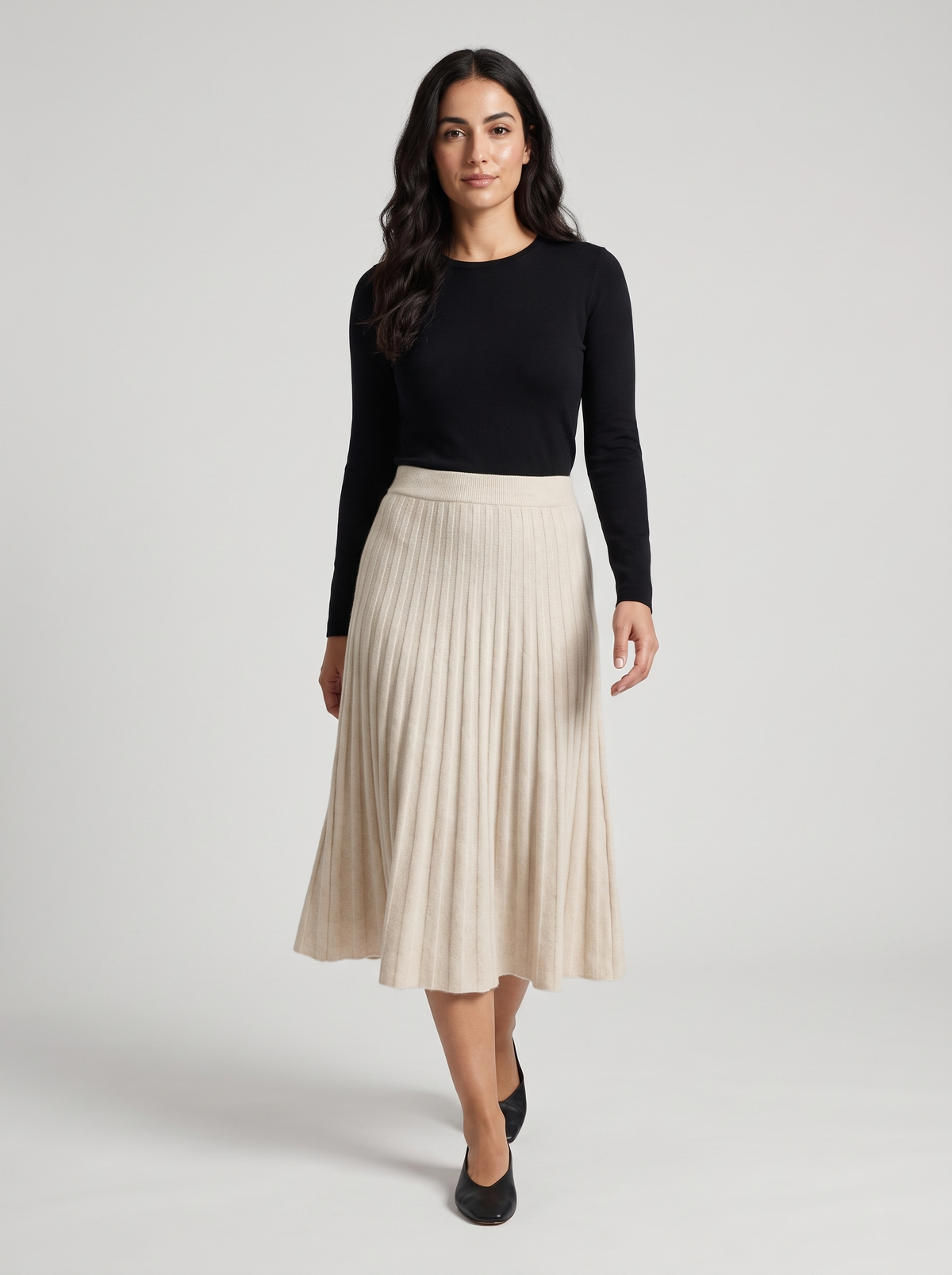 Full Pleated Knit Midi Skirt in Oatmeal