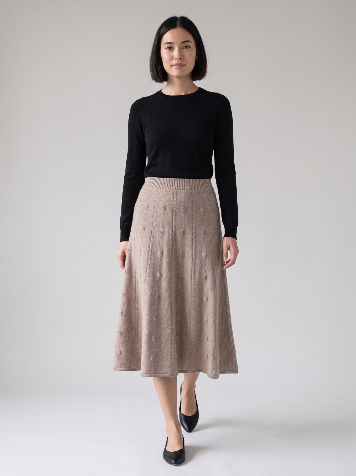 Long Knit A-Line Skirt in Oatmeal