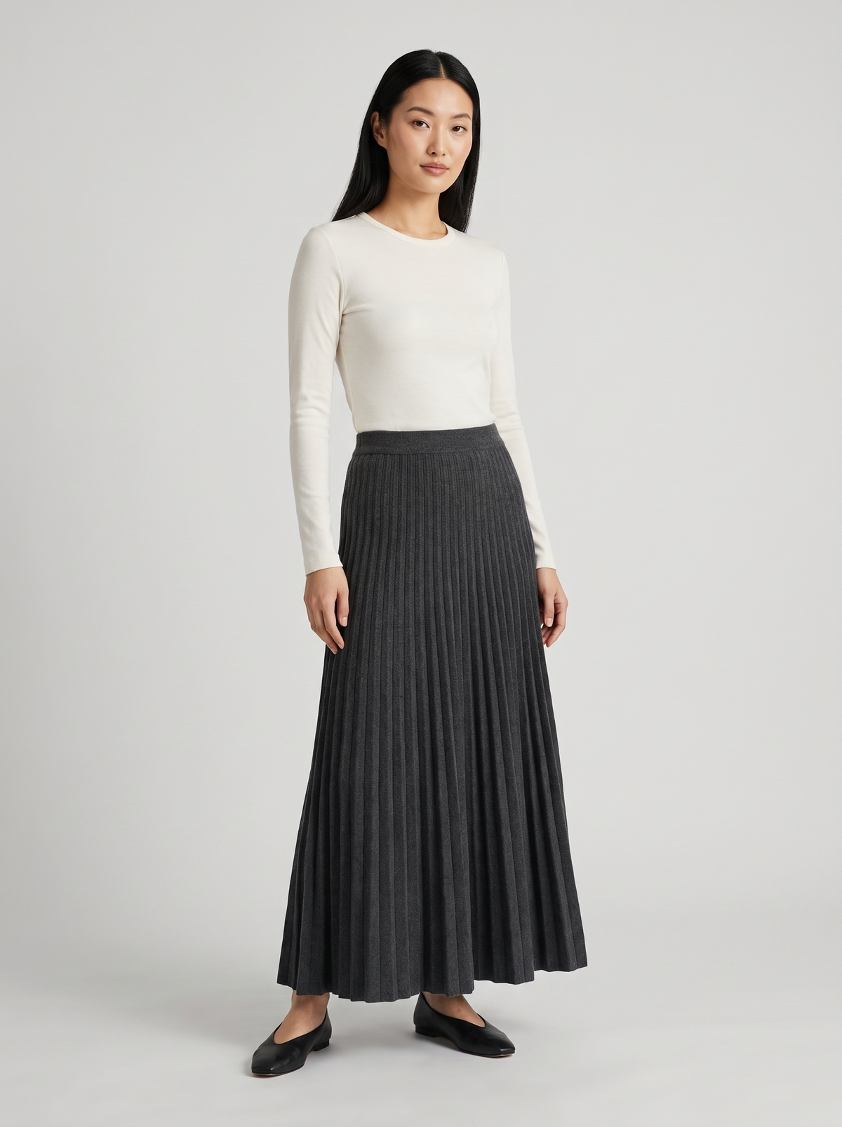 Draped Pleated Maxi Knit Skirt in Charcoal