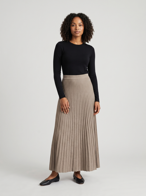 Draped Pleated Maxi Knit Skirt in Oatmeal