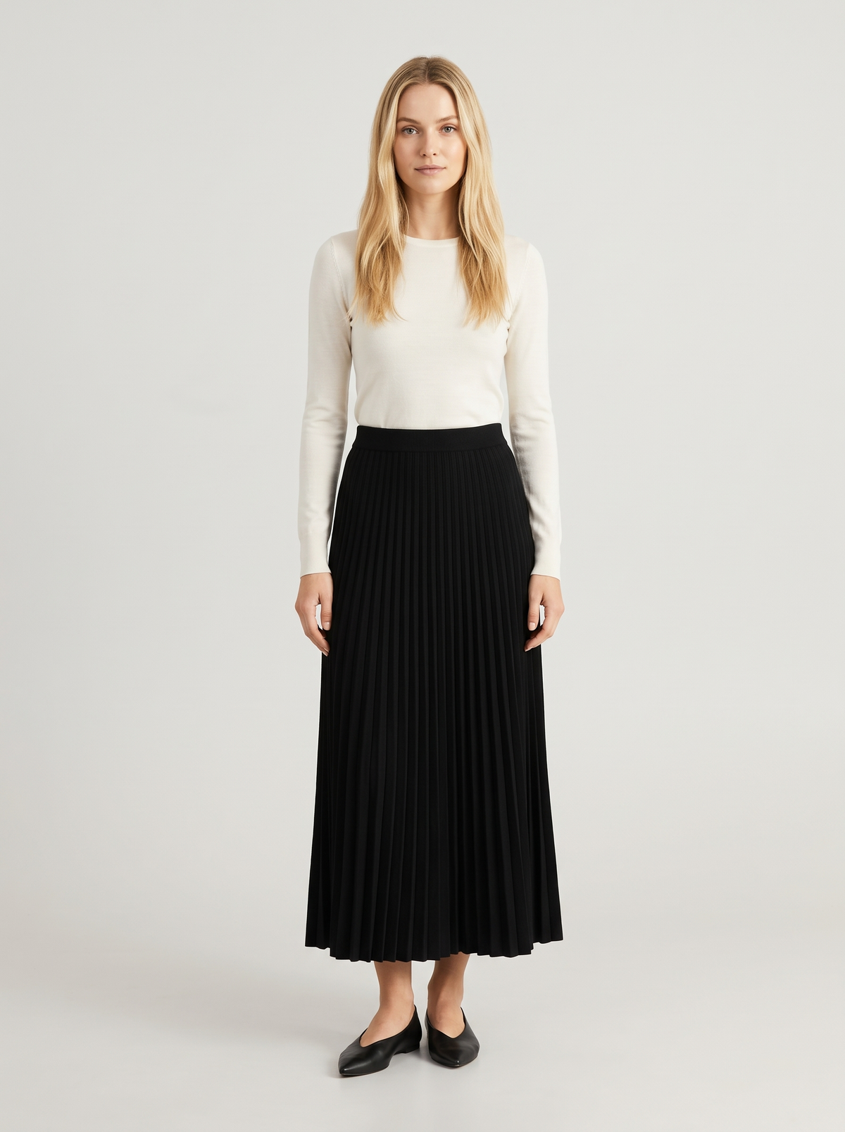 Draped Pleated Maxi Knit Skirt in Black