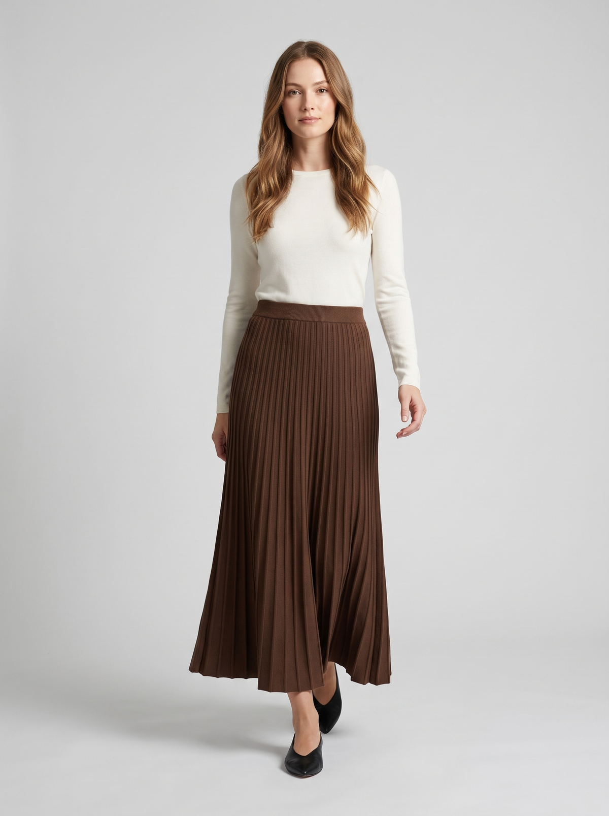 Draped Pleated Maxi Knit Skirt in Mocha