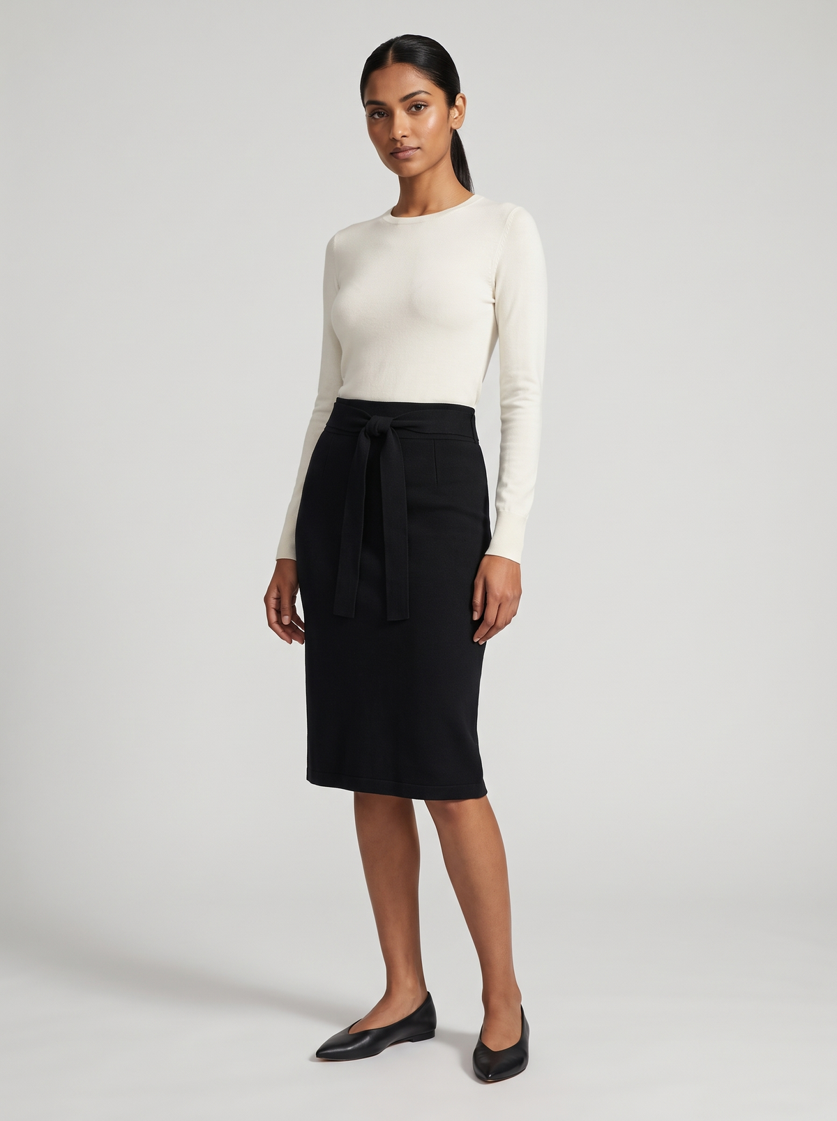 Belted Knit Pencil Skirt in Black