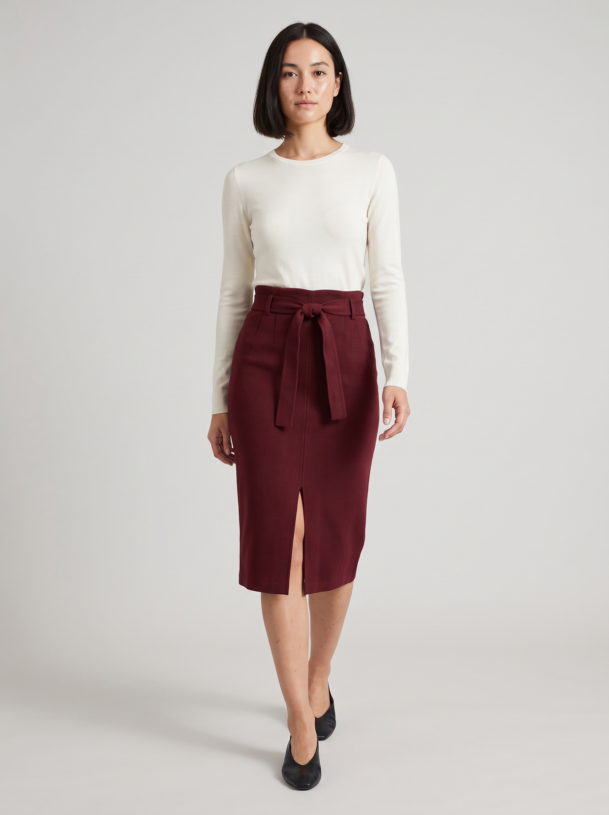Belted Knit Pencil Skirt in Burgundy