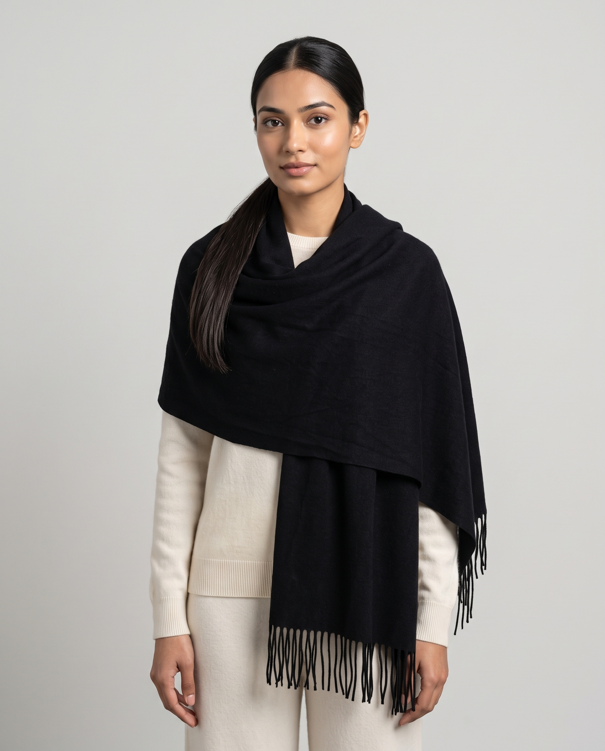 Fringed Blanket Scarf in Black