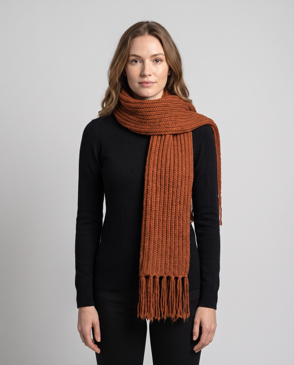 Chunky Rib Knit Scarf in Rust