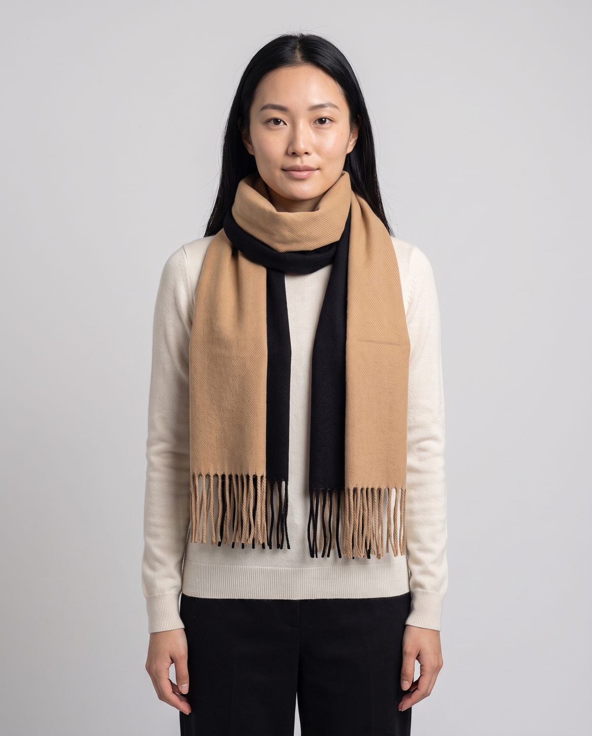 Reversible Two-Tone Wrap Scarf in Camel & Black