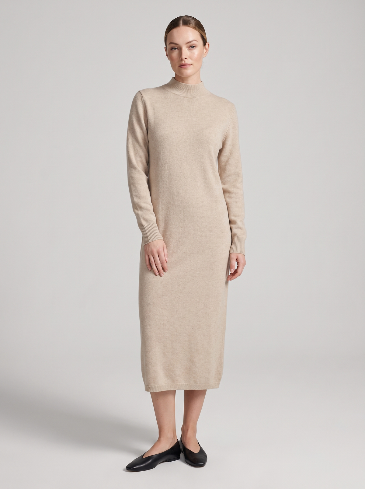 Mock-Neck Long Sweater Dress in Sand