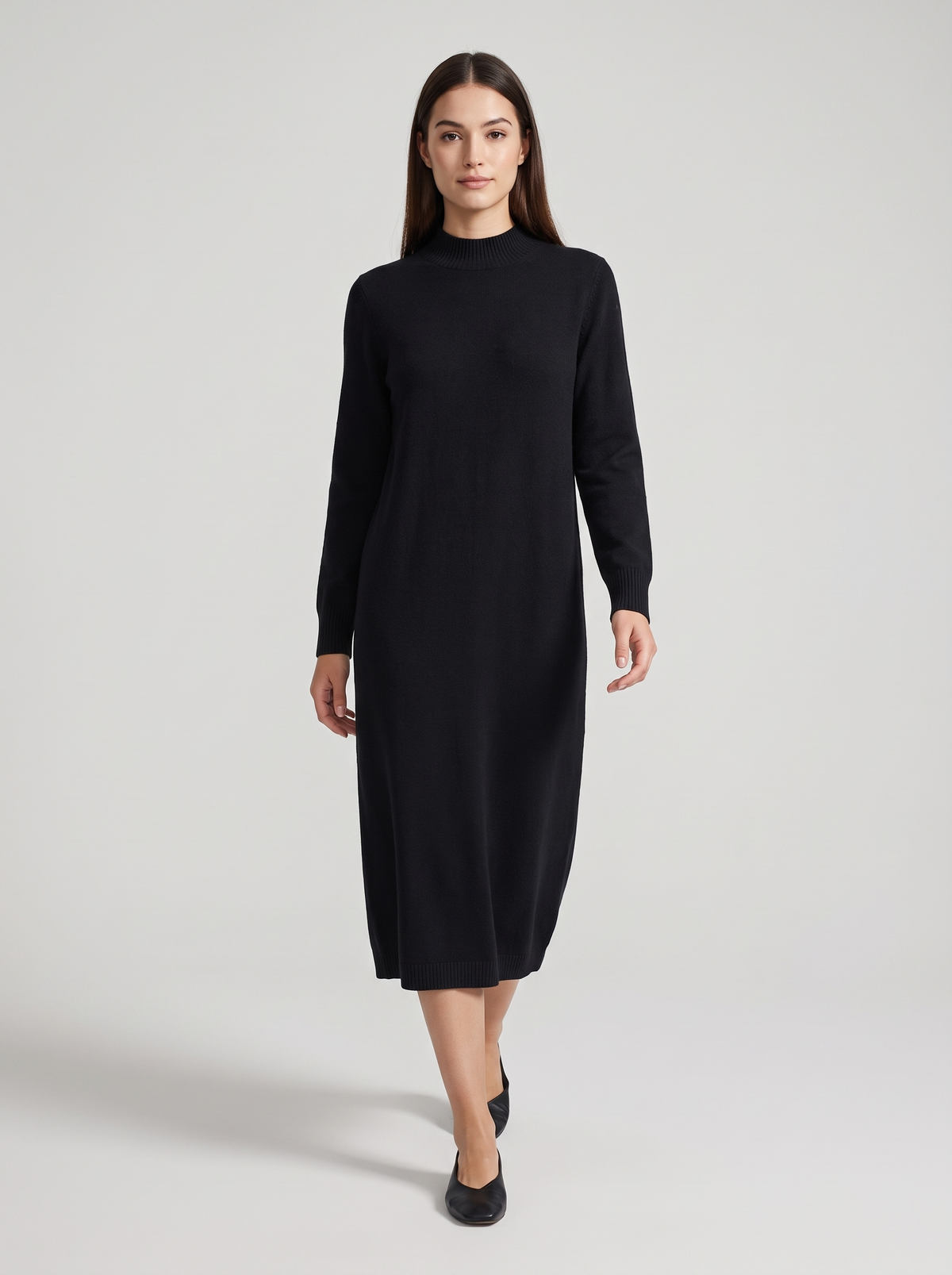 Mock-Neck Long Sweater Dress in Black