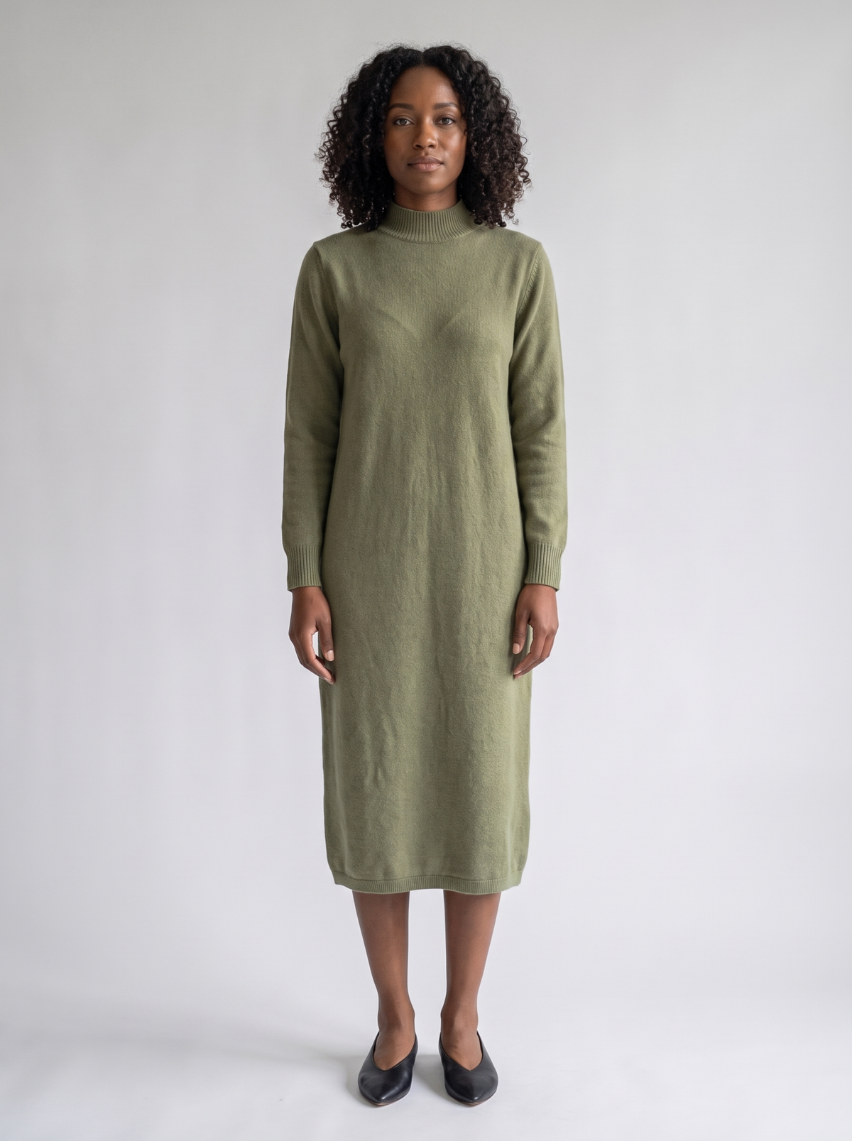 Mock-Neck Long Sweater Dress in Olive