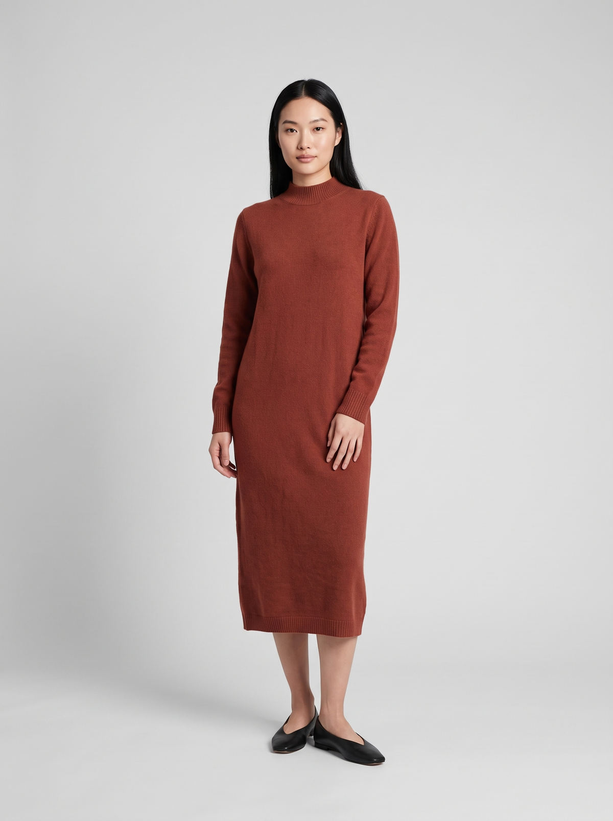 Mock-Neck Long Sweater Dress in Brick