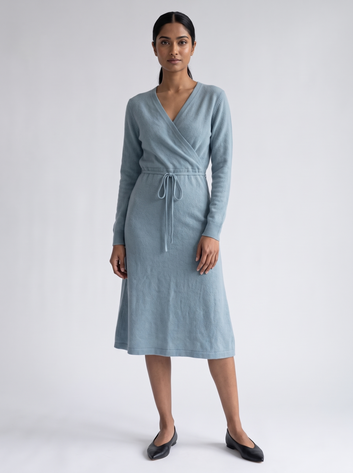 Wrap V-Neck Midi Sweater Dress in Dusty Blue