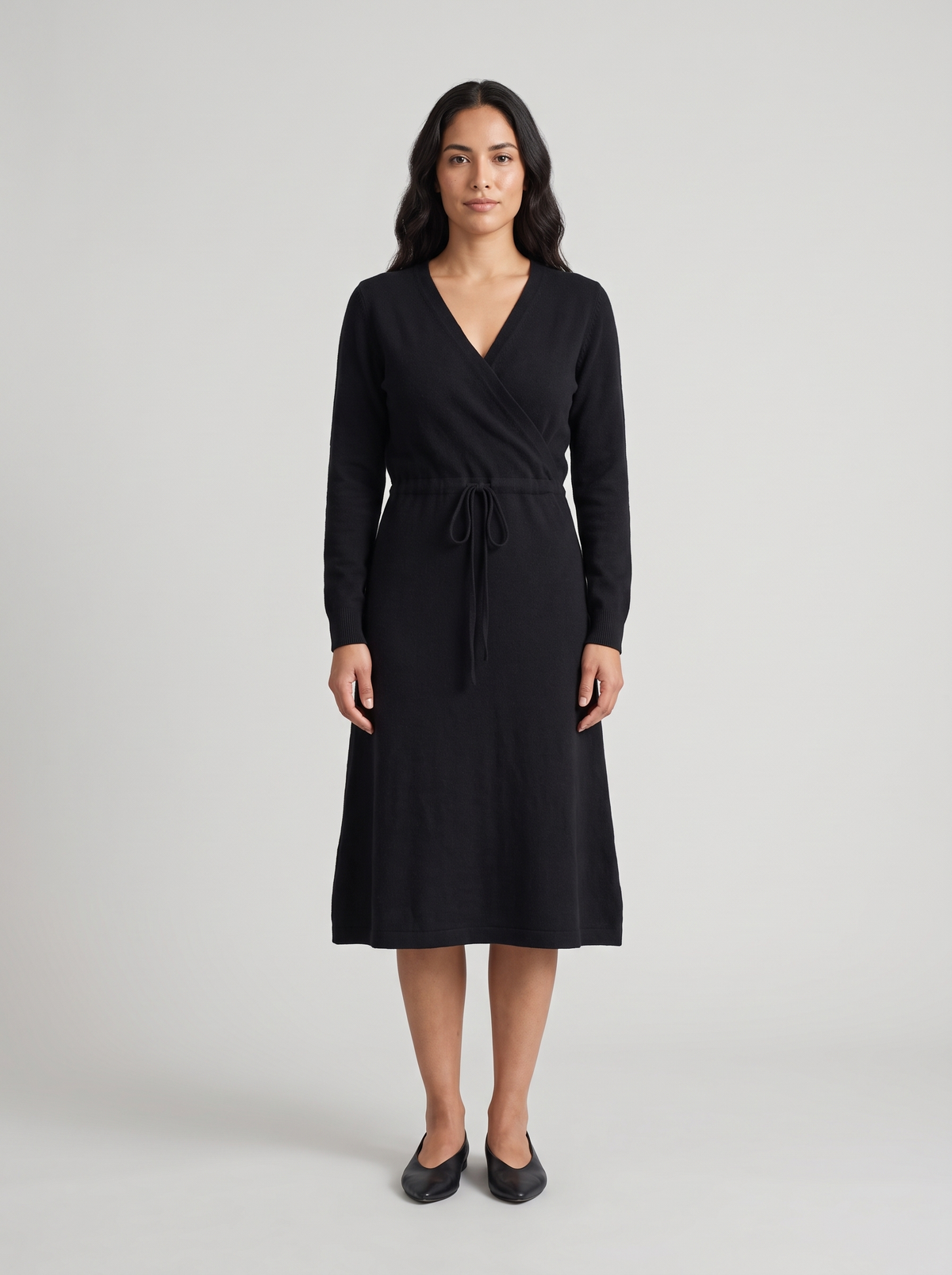 Wrap V-Neck Midi Sweater Dress in Black