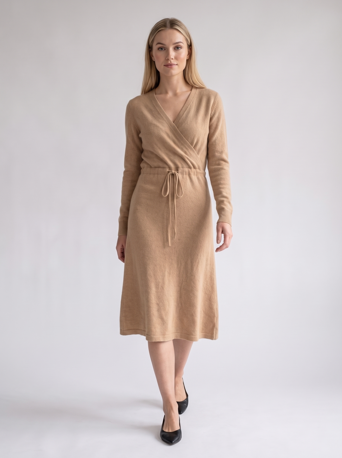 Wrap V-Neck Midi Sweater Dress in Camel