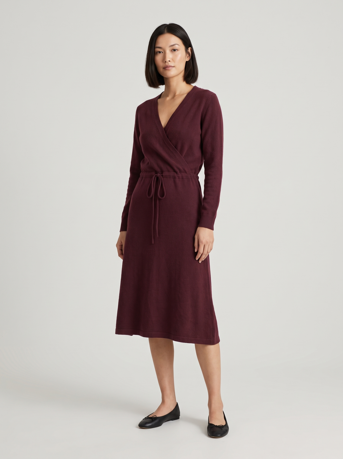 Wrap V-Neck Midi Sweater Dress in Burgundy