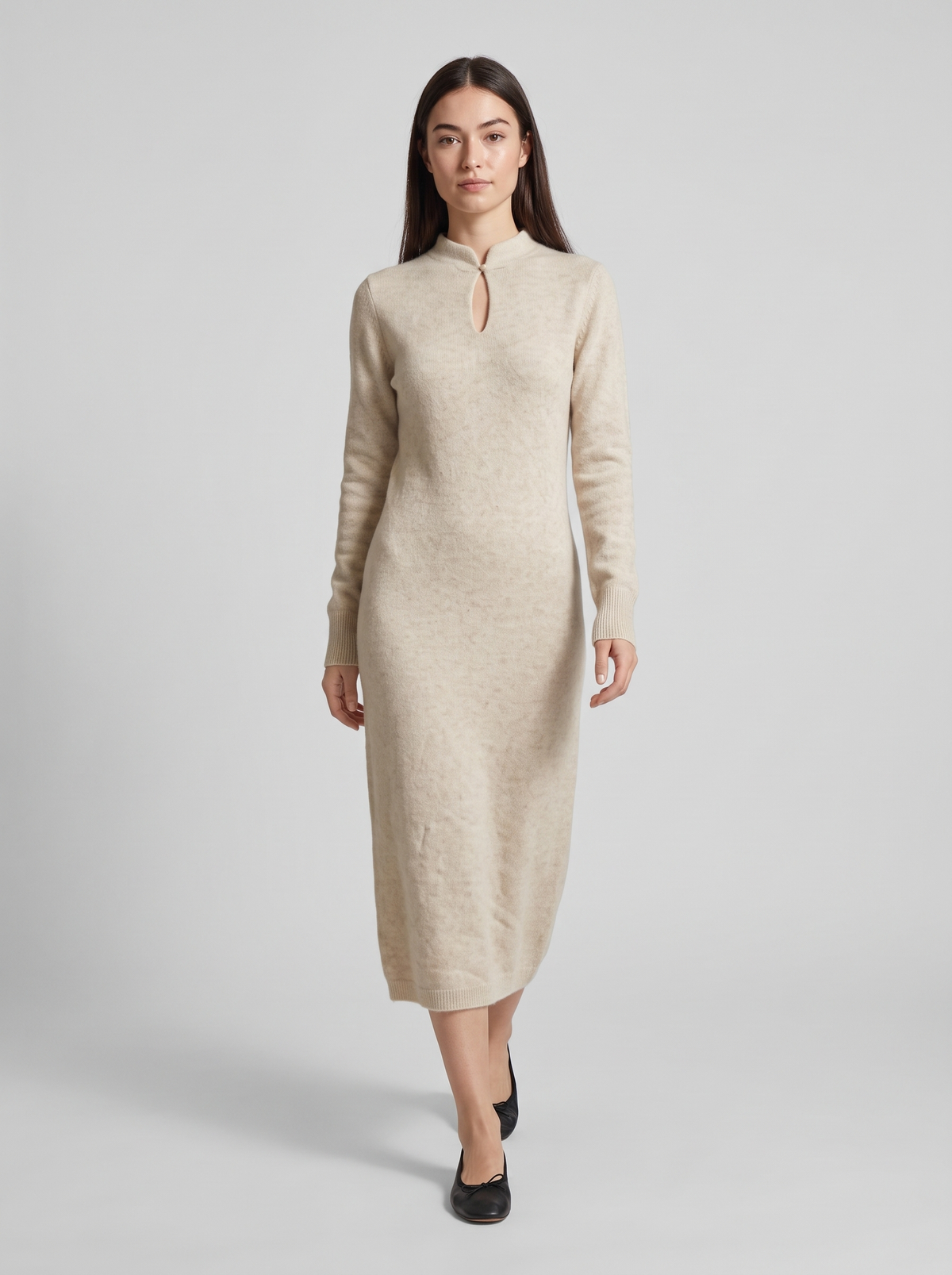 Keyhole Stand-Collar Long Sweater Dress in Oatmeal