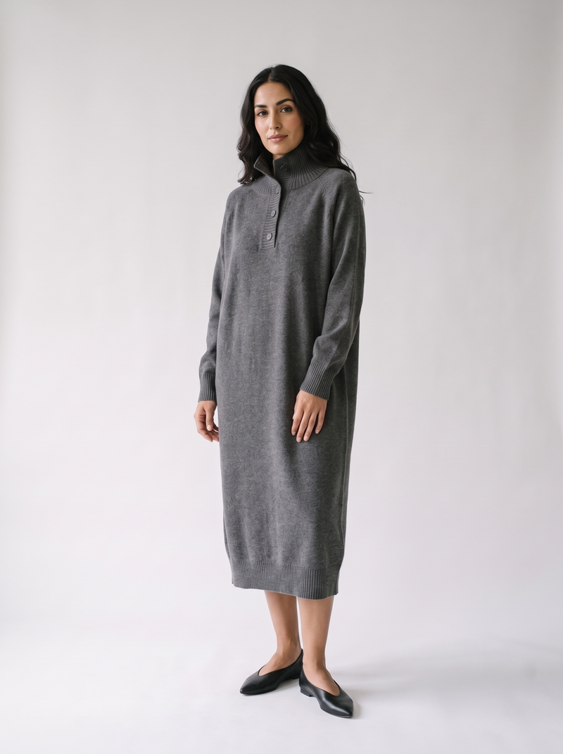 Button Funnel-Neck Long Sweater Dress
