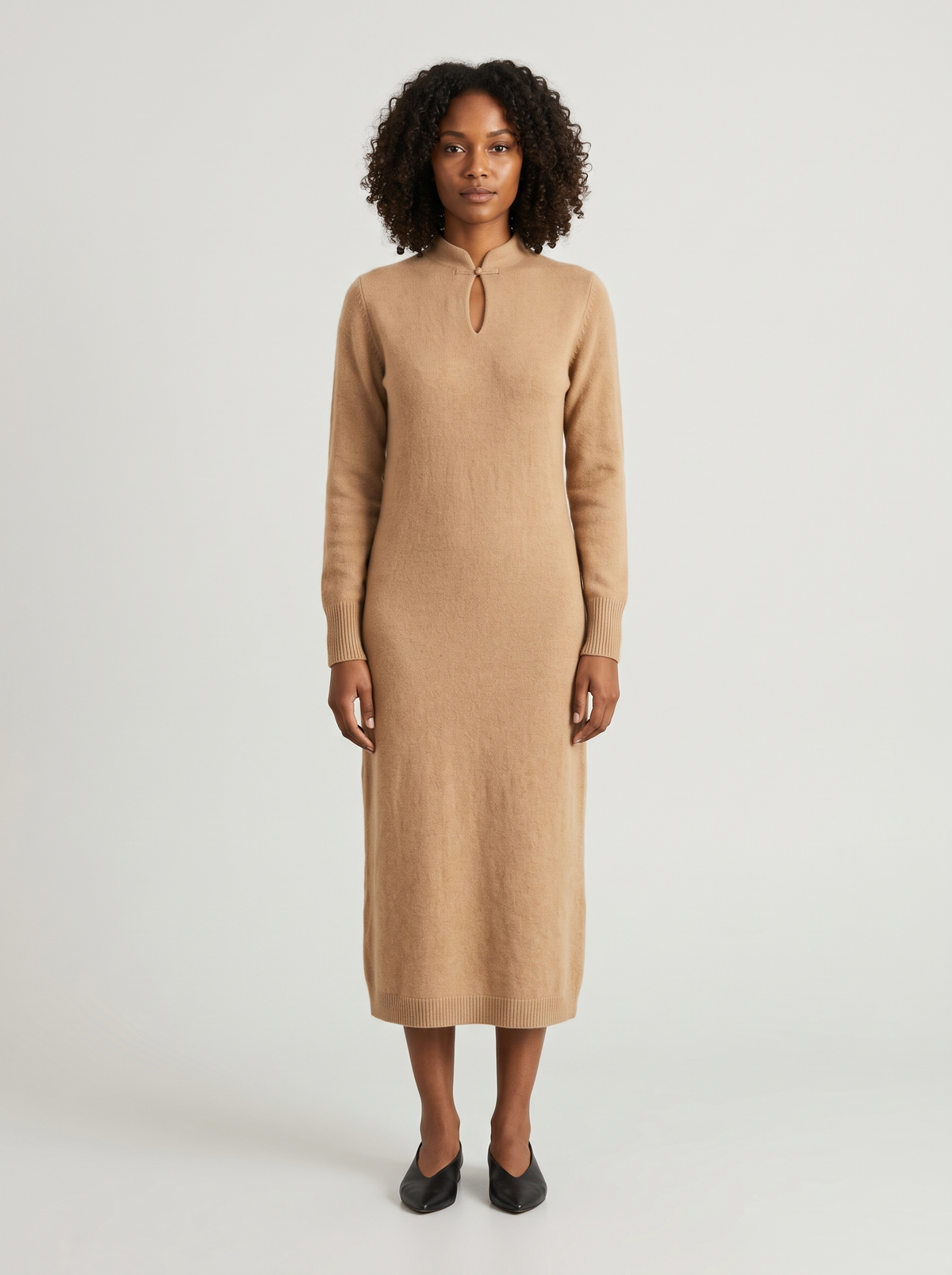 Keyhole Stand-Collar Long Sweater Dress in Camel