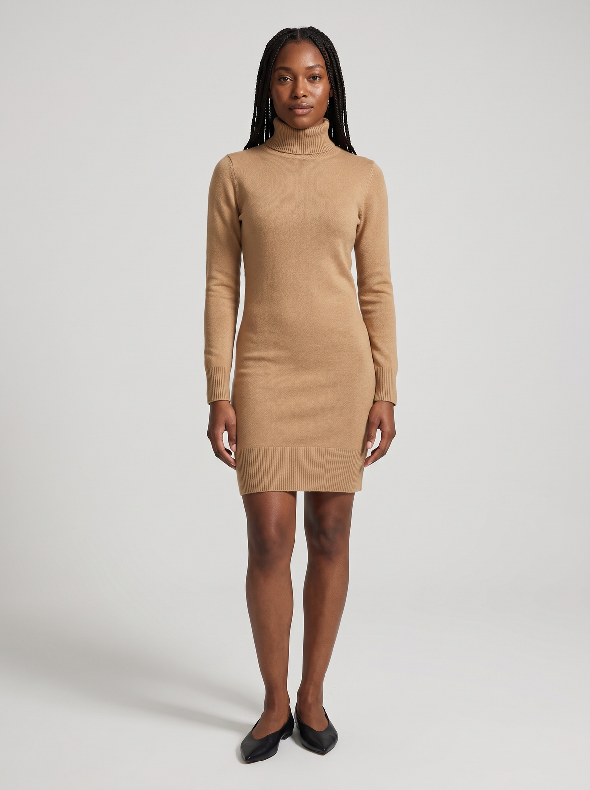 Turtleneck Knee-Length Sweater Dress in Camel