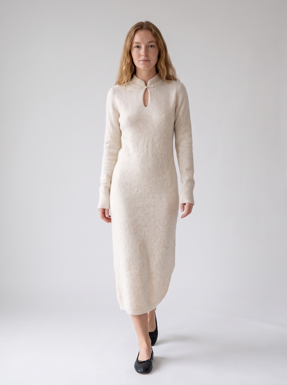Keyhole Stand-Collar Long Sweater Dress in Ivory