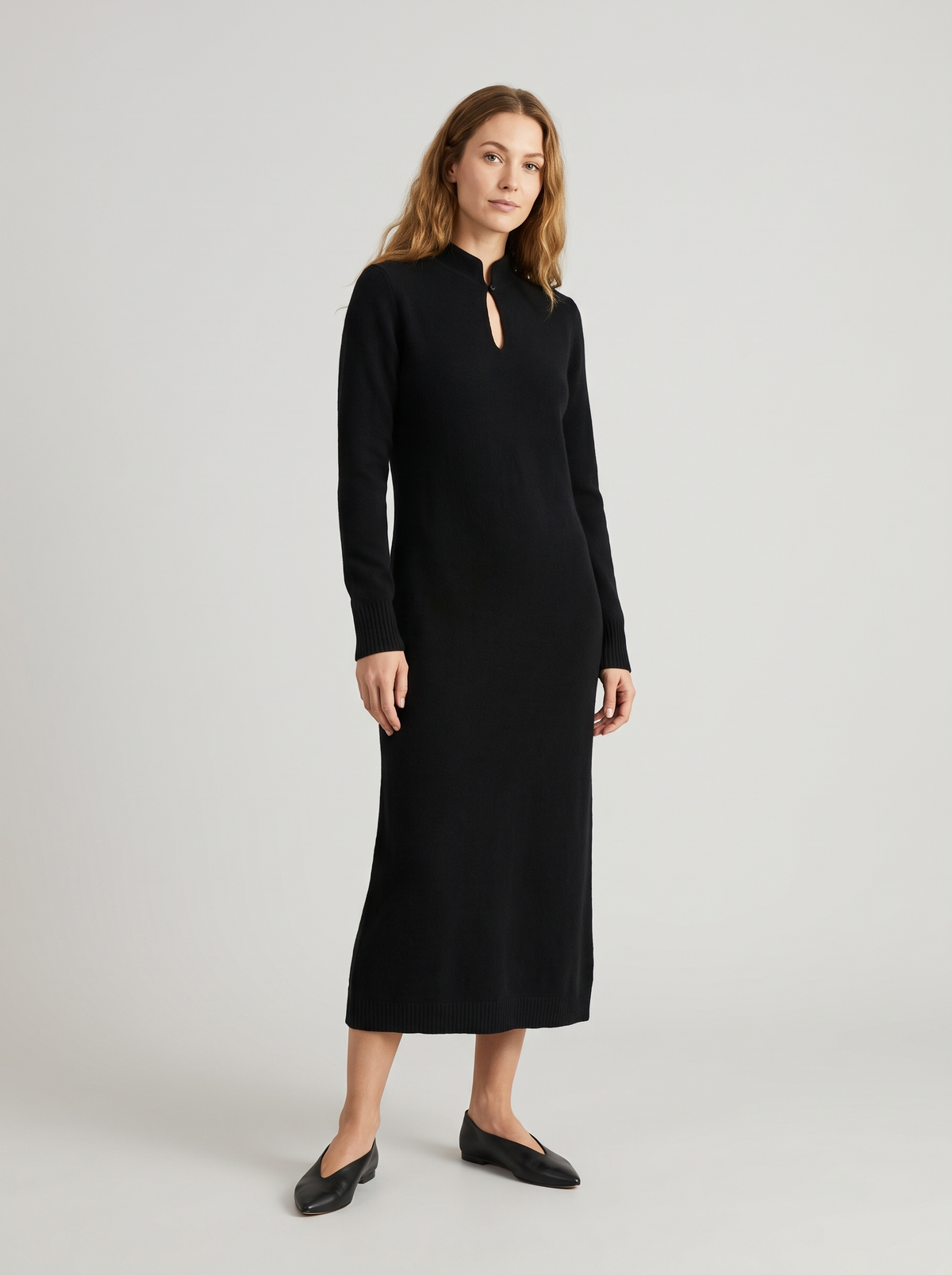Keyhole Stand-Collar Long Sweater Dress in Black