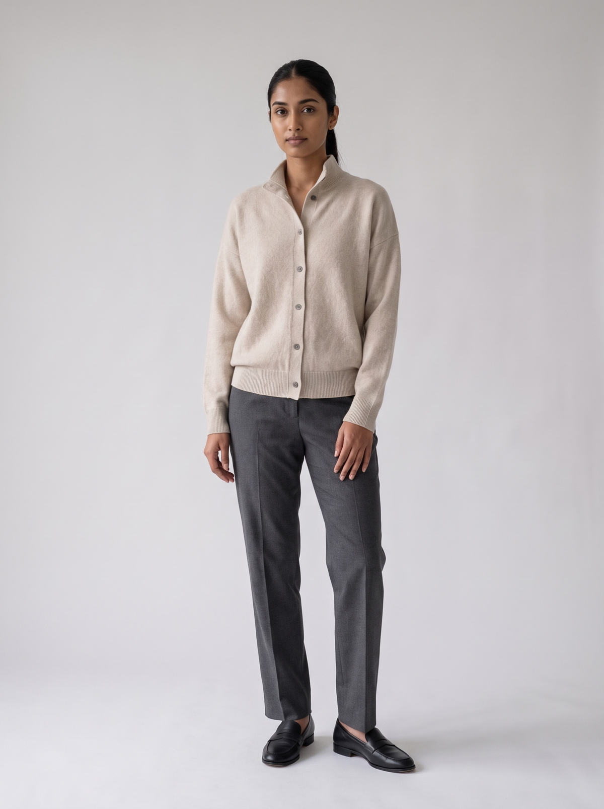 Stand-Collar Button Cardigan in Oatmeal