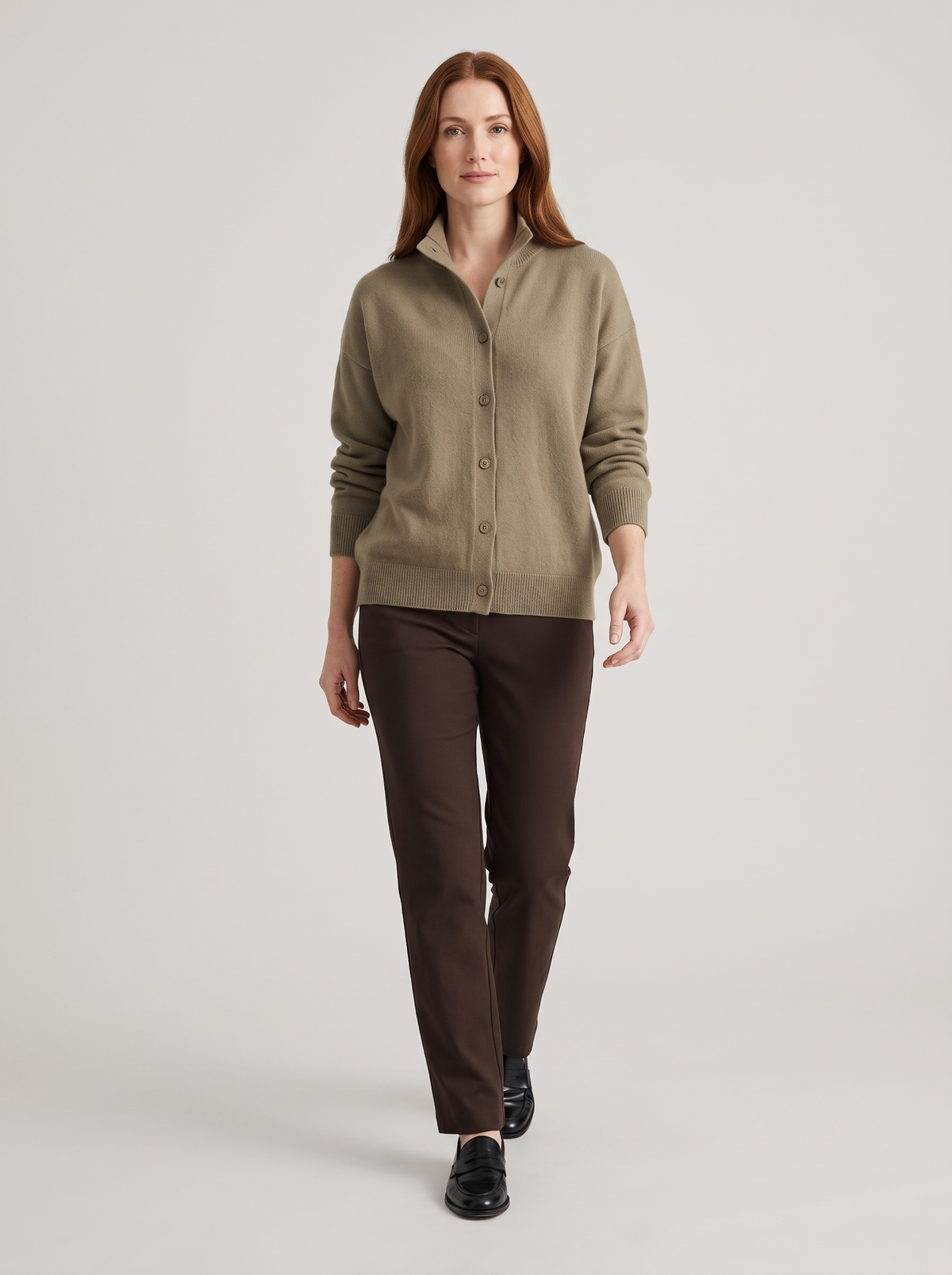 Stand-Collar Button Cardigan in Khaki