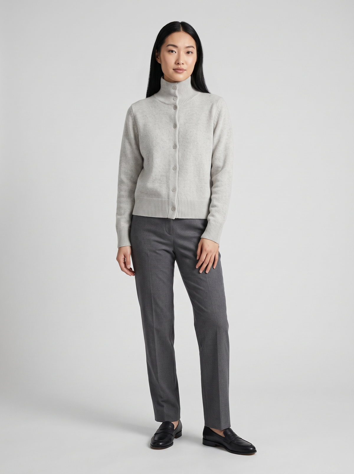 Turtleneck Button Cardigan in Light Grey