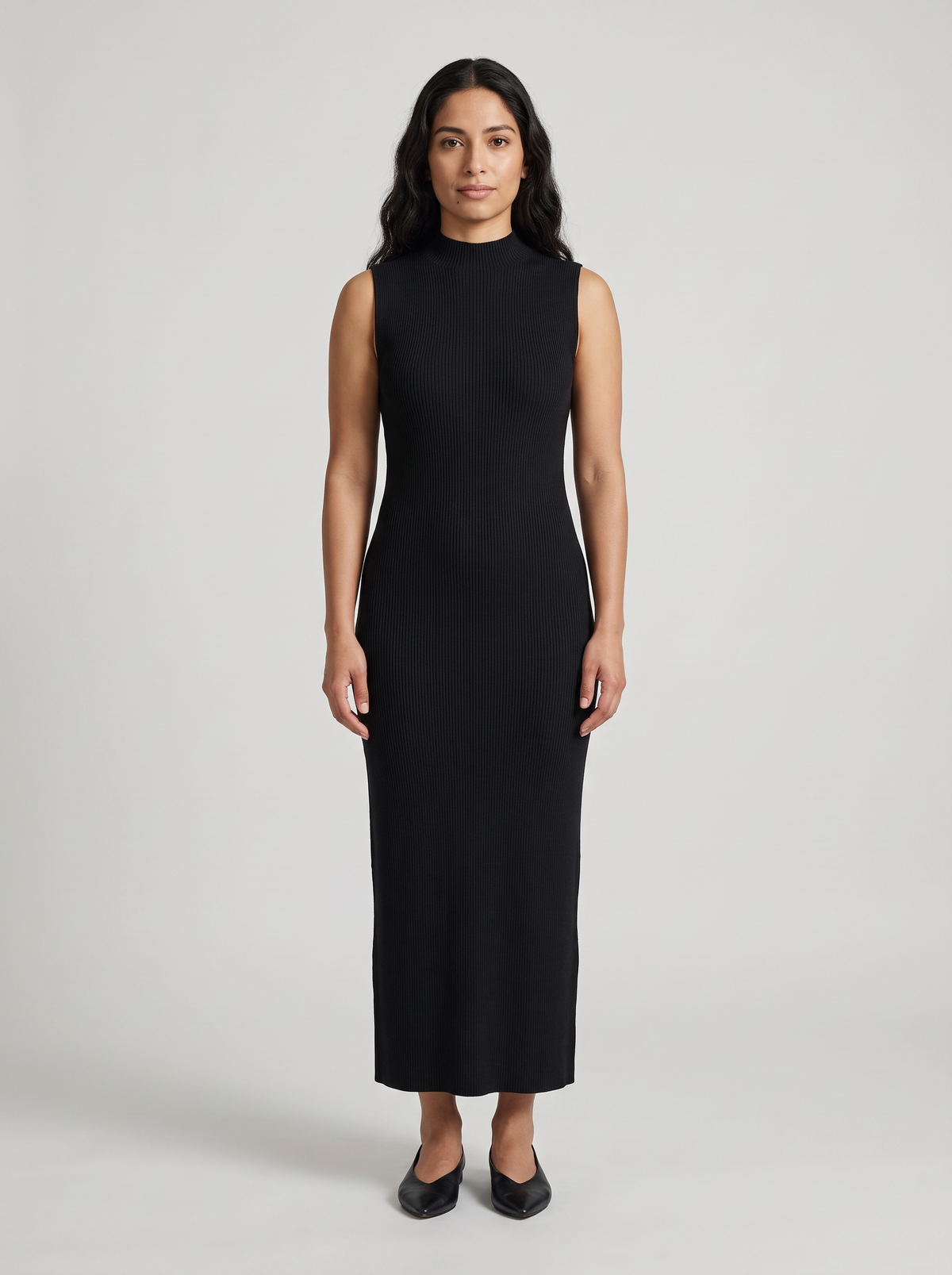 Sleeveless Ribbed Mock-Neck Maxi Dress in Black