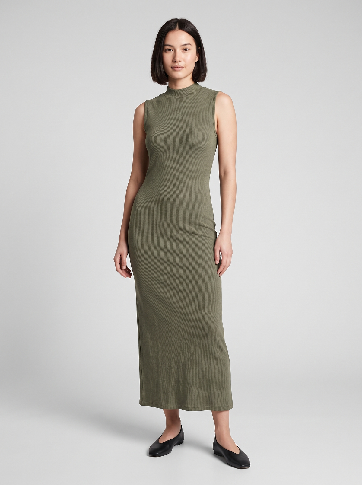 Sleeveless Ribbed Mock-Neck Maxi Dress in Olive