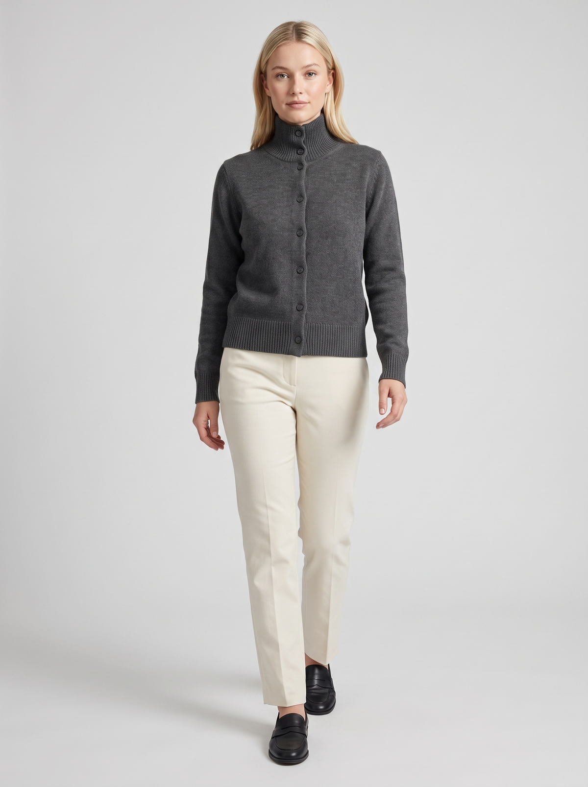 Turtleneck Button Cardigan in Charcoal