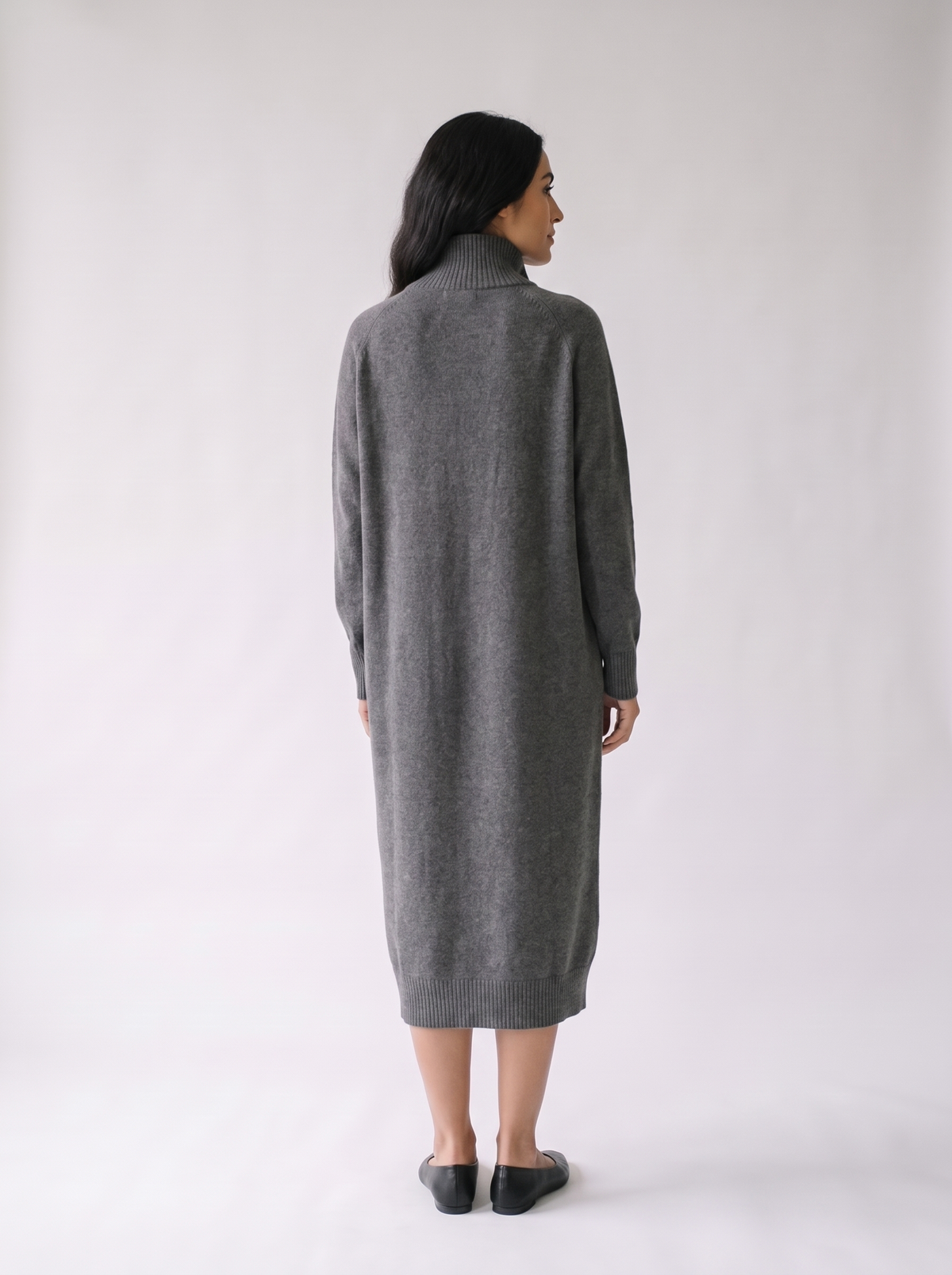 Button Funnel-Neck Long Sweater Dress, back view