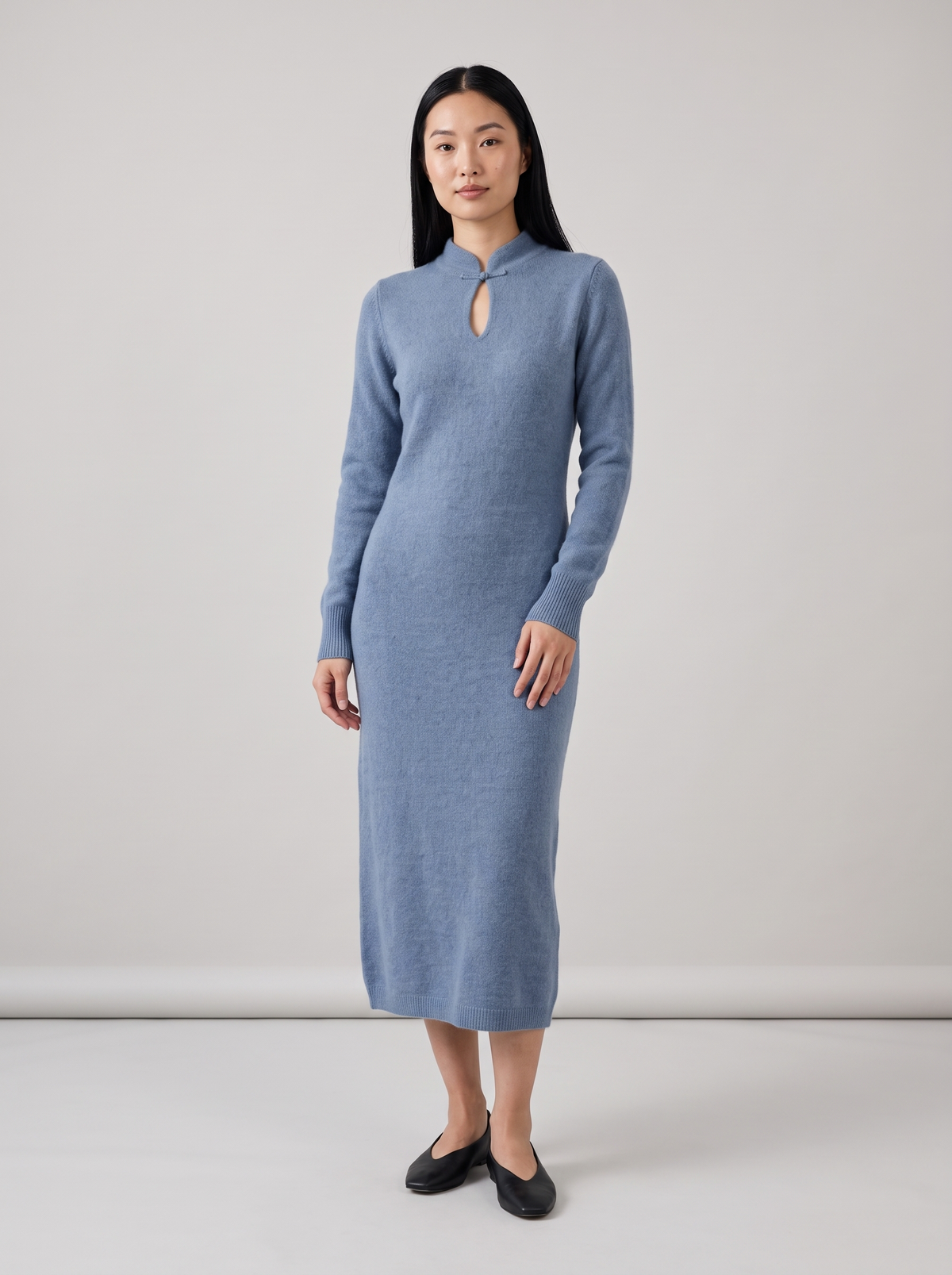 Keyhole Stand-Collar Long Sweater Dress in Slate Blue
