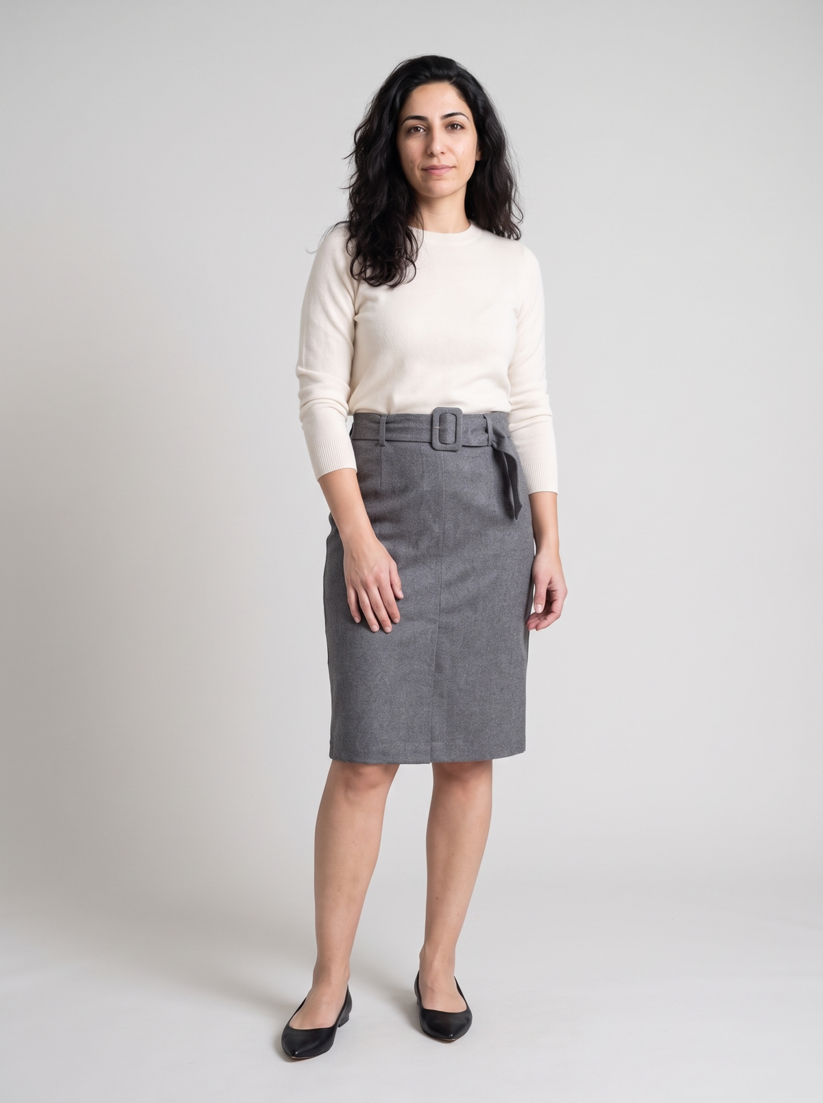 Belted Knit Pencil Skirt in Grey