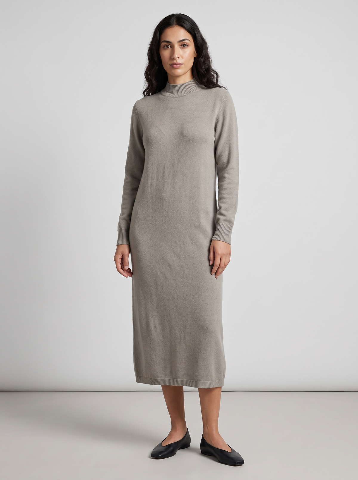 Mock-Neck Long Sweater Dress in Stone Grey