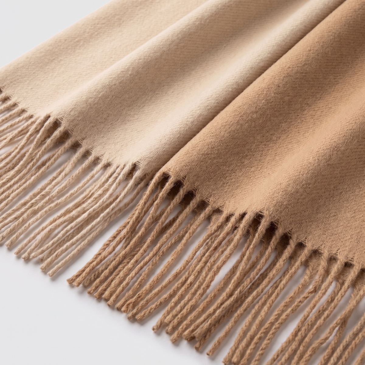Reversible Two-Tone Wrap Scarf, two-tone weave and fringe close-up