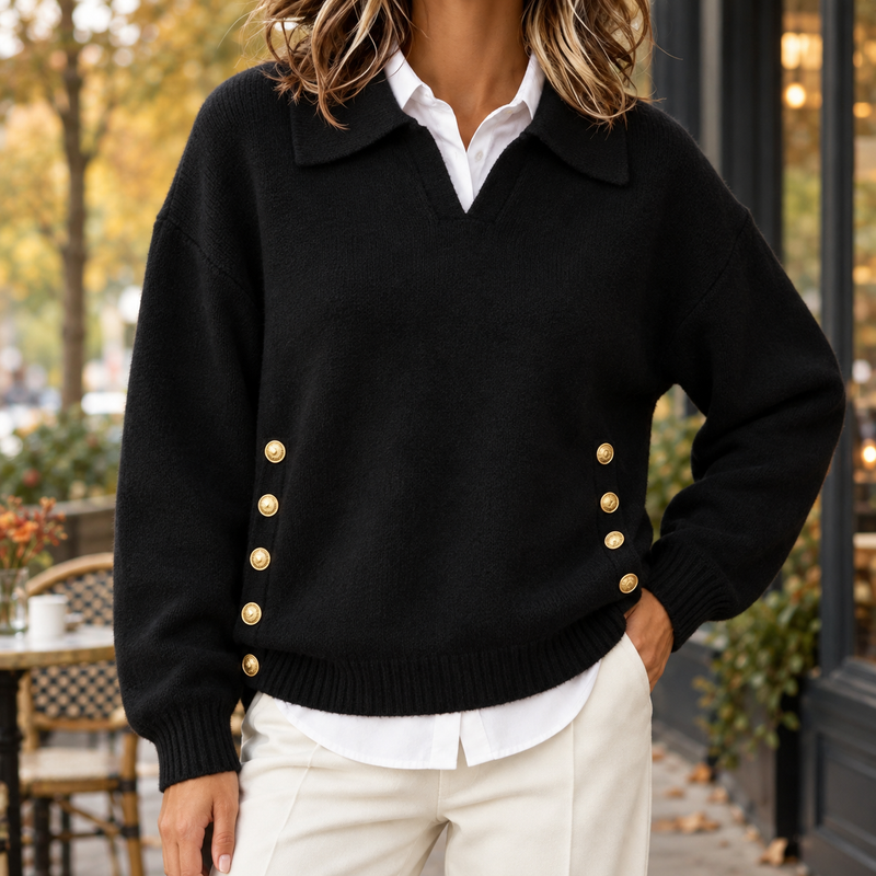 Collared V-Neck Gold-Button Sweater
