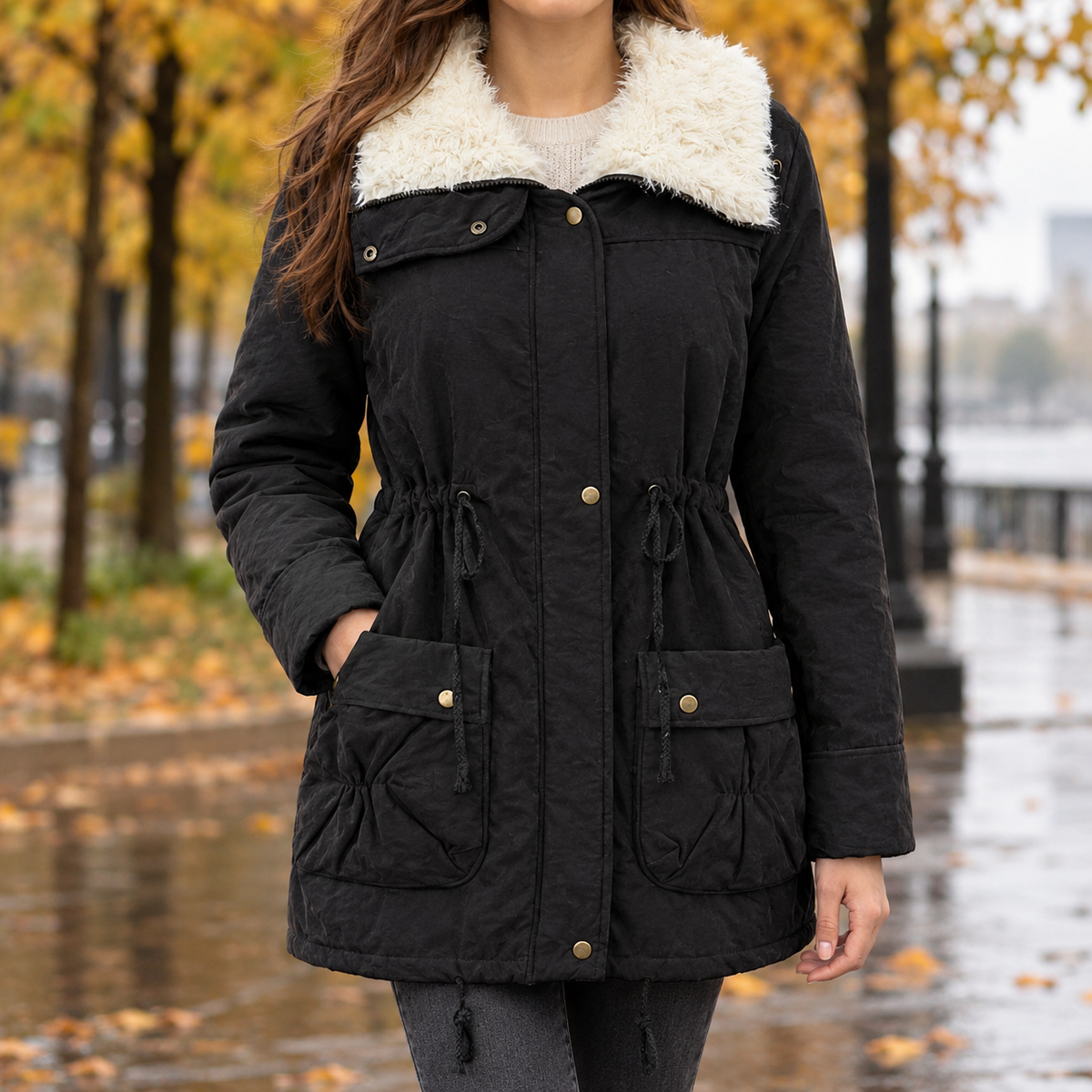 Plush Collar Drawstring Padded Jacket