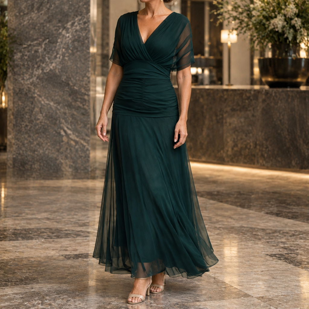 Draped Crossover Ruched Waist Maxi Dress