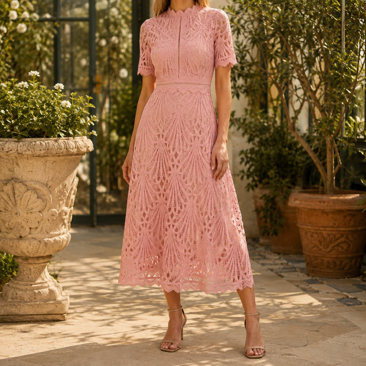 Georgina High Neck Lace Midi Dress