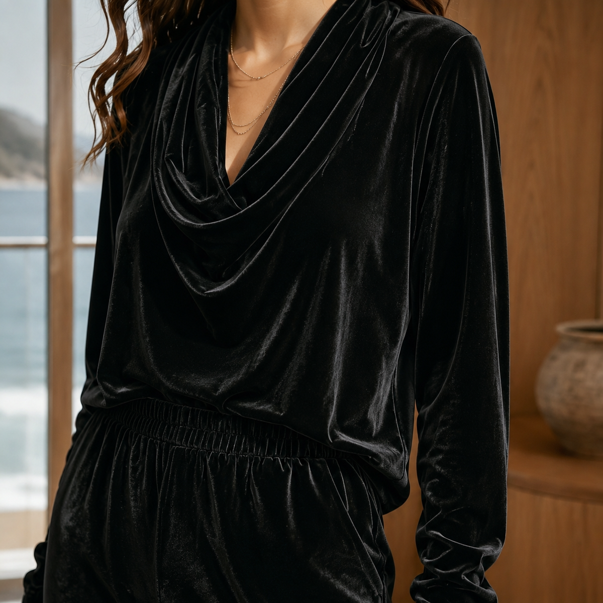 Draped Cowl Neck Top & Tapered Pants Set