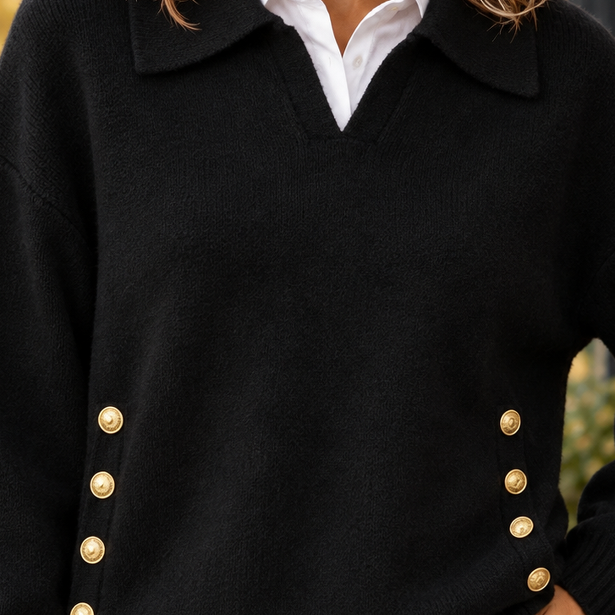 Collared V-Neck Gold-Button Sweater