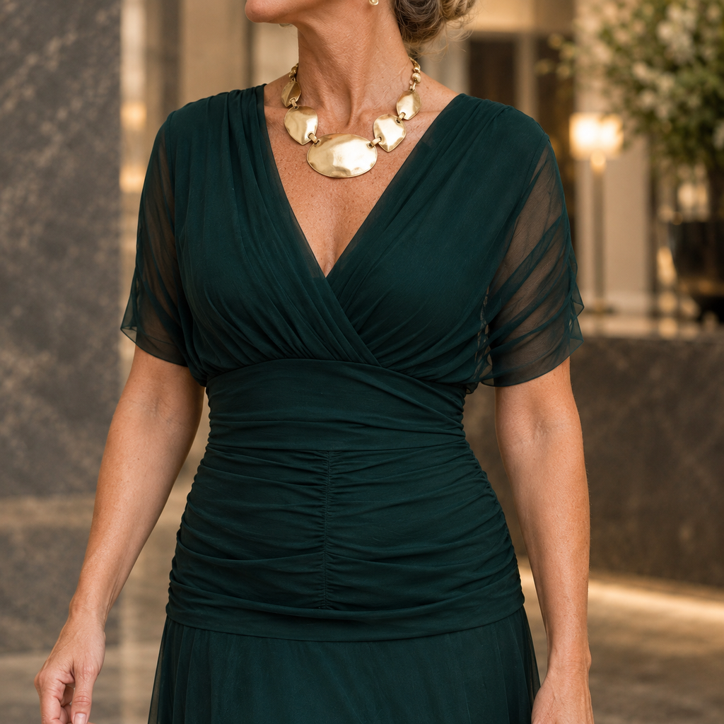 Draped Crossover Ruched Waist Maxi Dress
