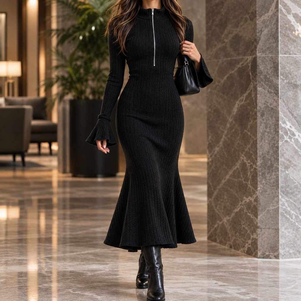 Half-Zip Ribbed Mermaid Sweater Dress