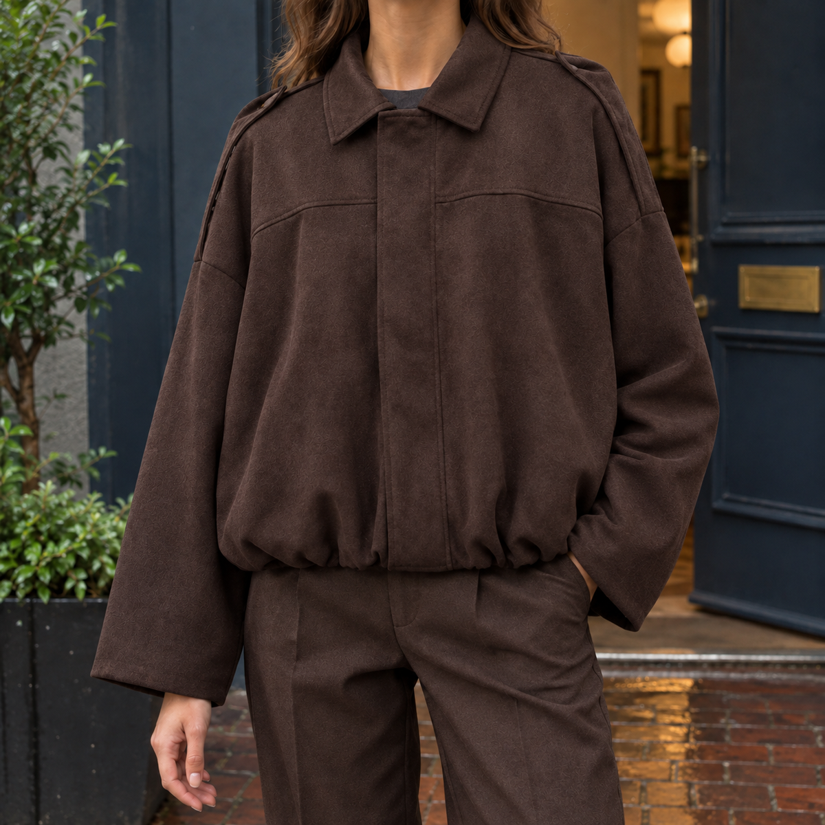 Faux Suede Bubble-Hem Bomber Jacket