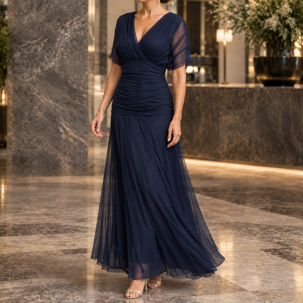 Draped Crossover Ruched Waist Maxi Dress