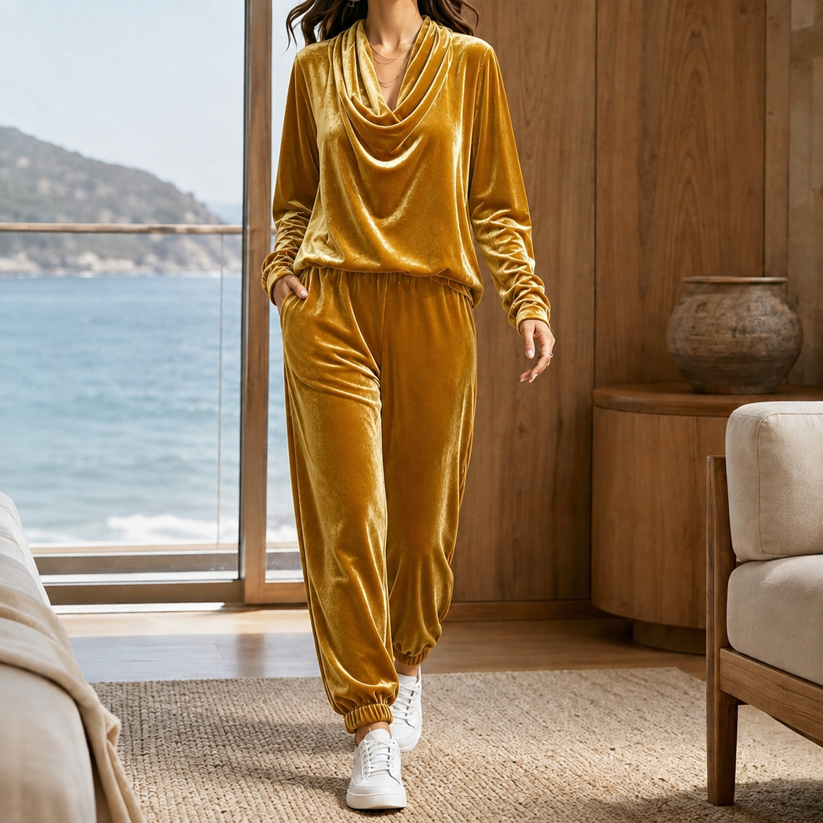 Draped Cowl Neck Top & Tapered Pants Set