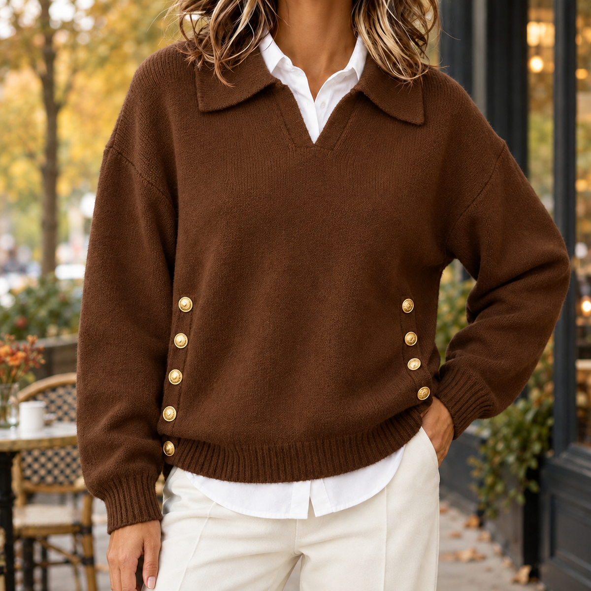 Collared V-Neck Gold-Button Sweater